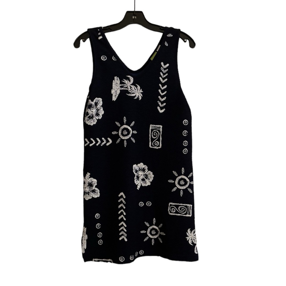 THIRD COAST Sleeveless Navy Vacation Print Dress with Palm Trees and Florals